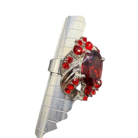 Garnet & Faux Ruby Silver-Plated Cocktail Ring Size 8 Adjustable - Picture 2 of 5